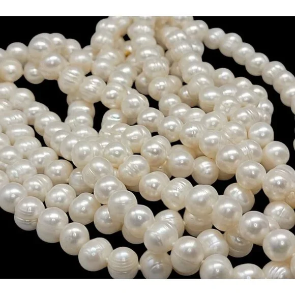 Freshwater Ringed Pearl Necklace 80" Glowing Bridal White 9mm-10mm Free Form